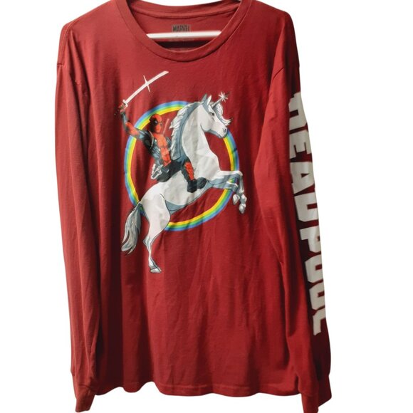 Marvel Deadpool Long Sleeve Graphic T-Shirt Mens Size XL Red Unicorn Rainbow - Picture 1 of 5